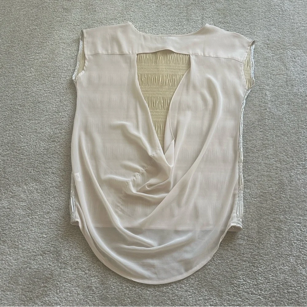 San Joy Cream Asymmetrical Sleeveless Muscle Tee - Picture 2 of 9